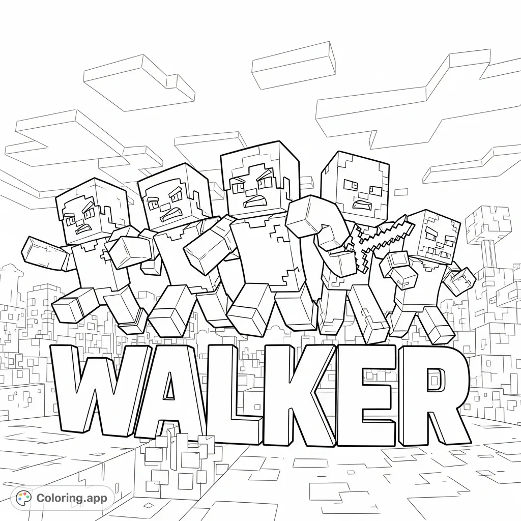 Experience a thrilling pixelated chase with iconic block-like characters Steve, Dennis, Creeper, and a Zombie, all running from bold 'Walker' letters in a dynamic landscape.