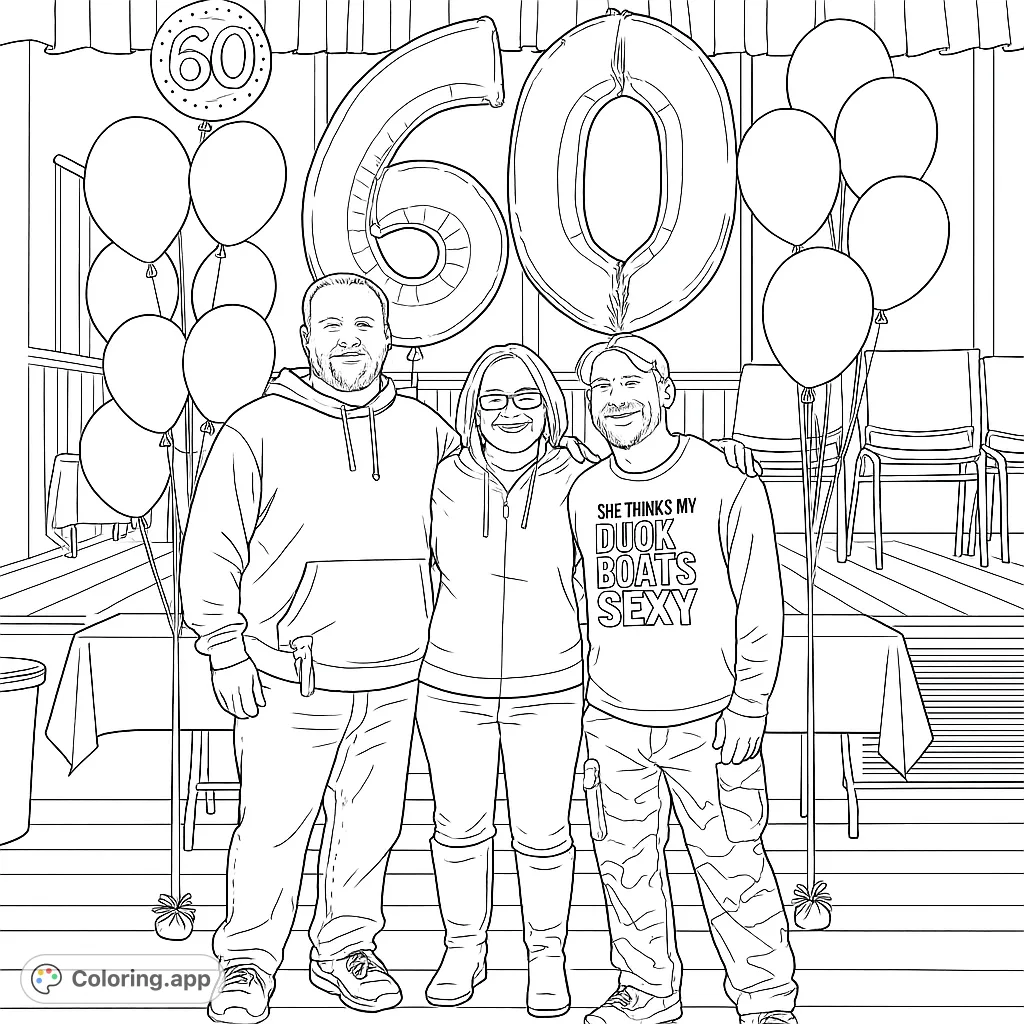 Celebrate a milestone with this detailed coloring page featuring three figures amidst festive '60' balloons and party decor. Perfect for custom birthday gifts.