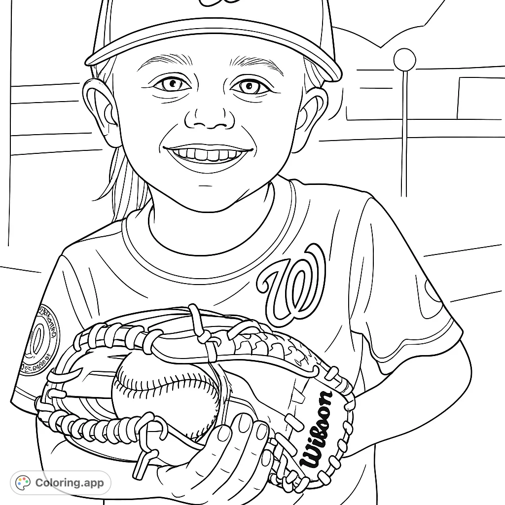 A cheerful child in a baseball uniform holds a glove and ball, ready for play. A heartwarming sports-themed coloring page for young fans.
