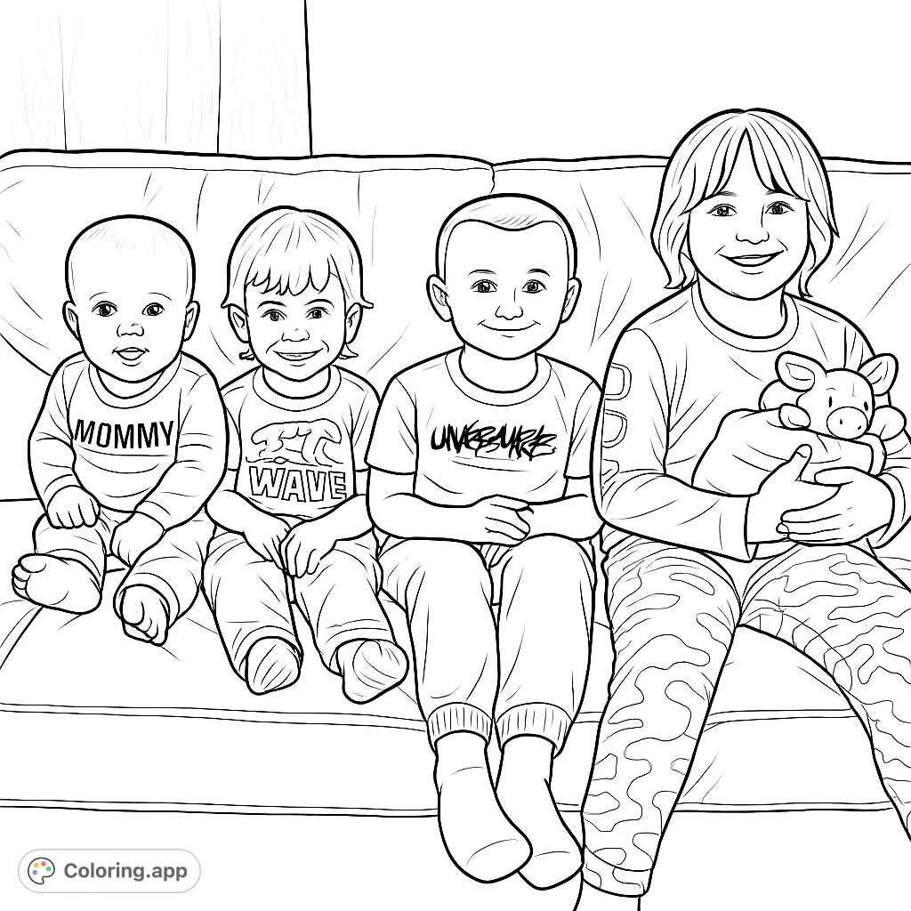 Four cheerful children, including a baby, are gathered on a comfy couch, sharing a moment of joy. A heartwarming scene perfect for family-themed coloring.