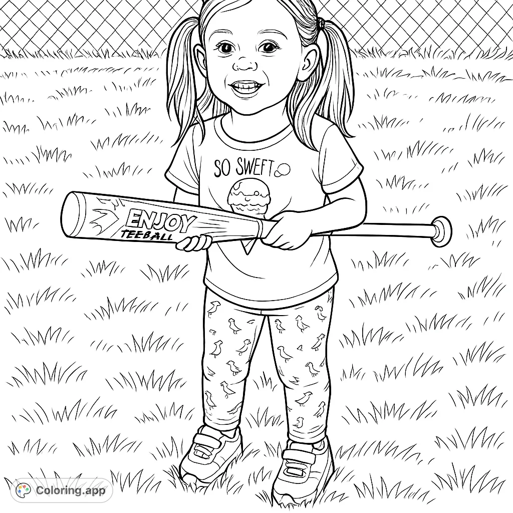 A charming tee ball player stands proudly on a grassy field, bat in hand. This adorable child coloring page captures a moment of playful sports readiness, perfect for young enthusiasts.