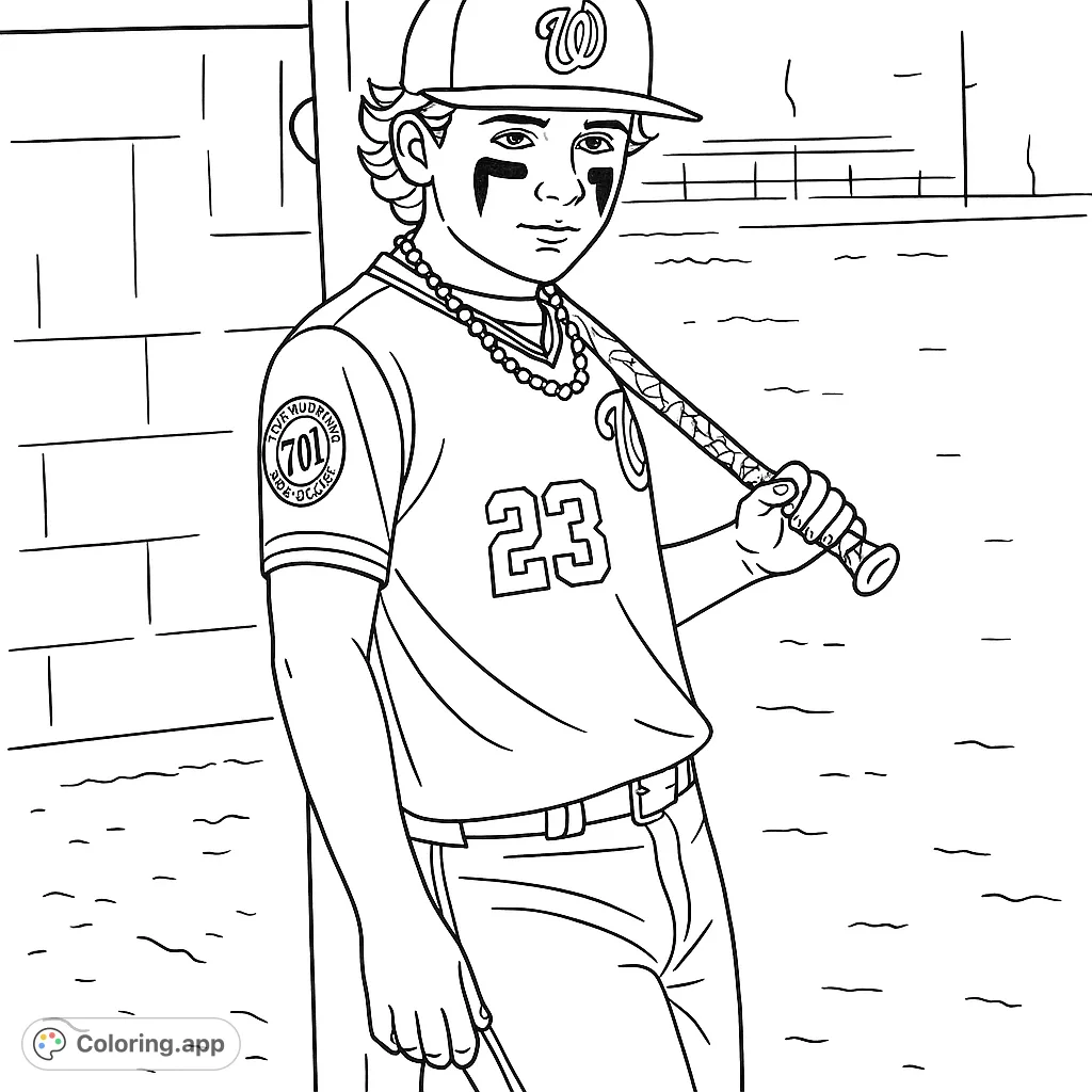 Capture the spirit of the game with this baseball player coloring page. Features a young athlete in uniform, complete with bat, cap, and eye black, ready for action.