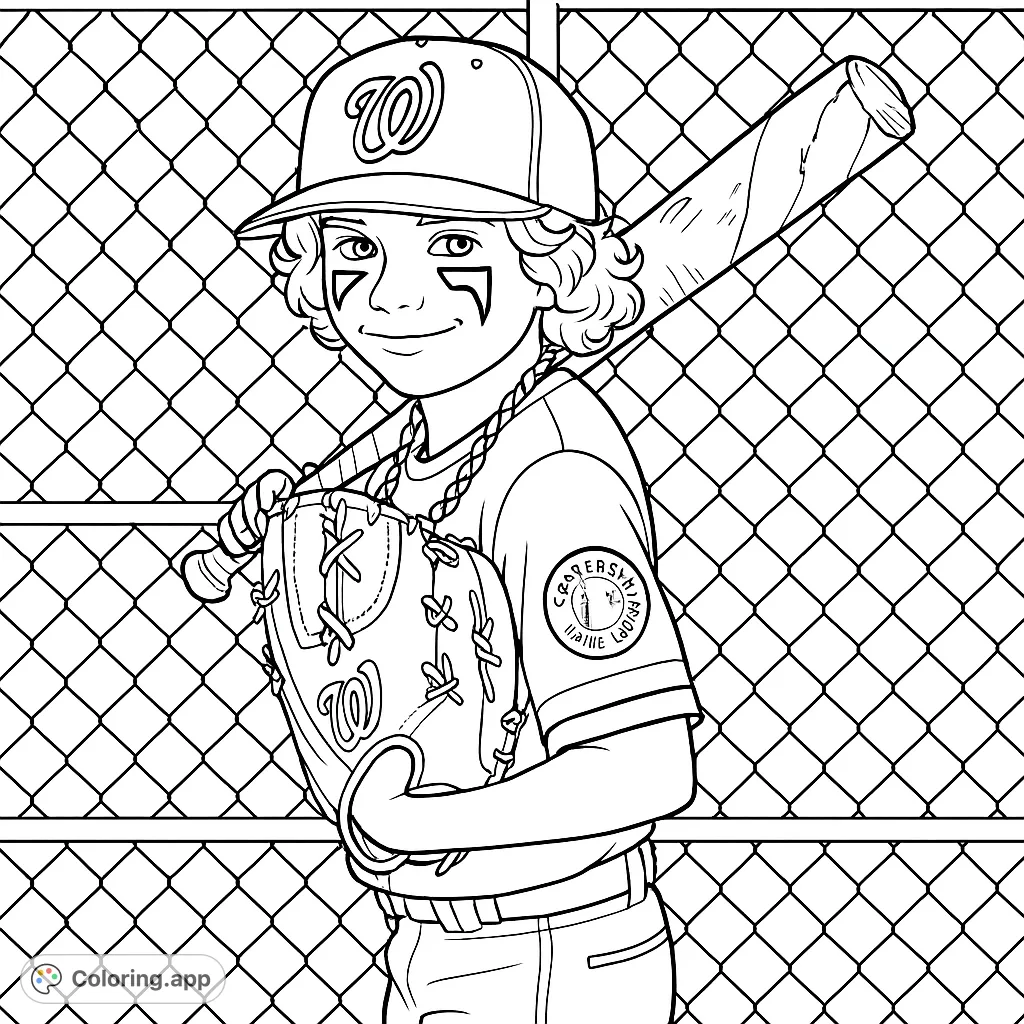 Step up to the plate with this fun baseball player coloring page. Features a smiling young athlete with bat and glove, ready for action against a fence backdrop.
