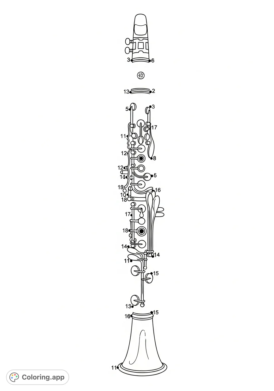 Unveil a detailed clarinet by connecting 16 numbered dots. A fun and engaging musical instrument coloring page for all ages, perfect for learning!