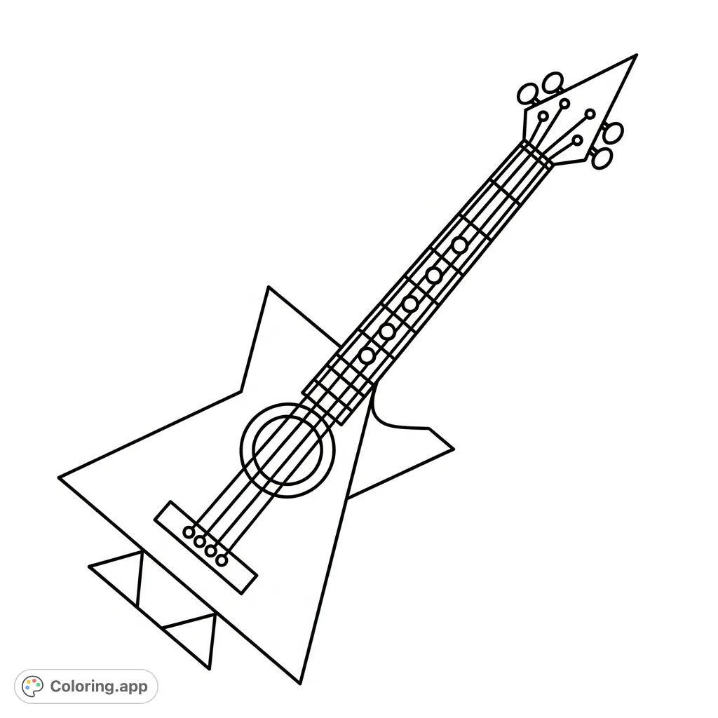 A unique geometric guitar coloring page featuring striking triangles and smooth circles. Perfect for creative expression and exploring shape combinations.