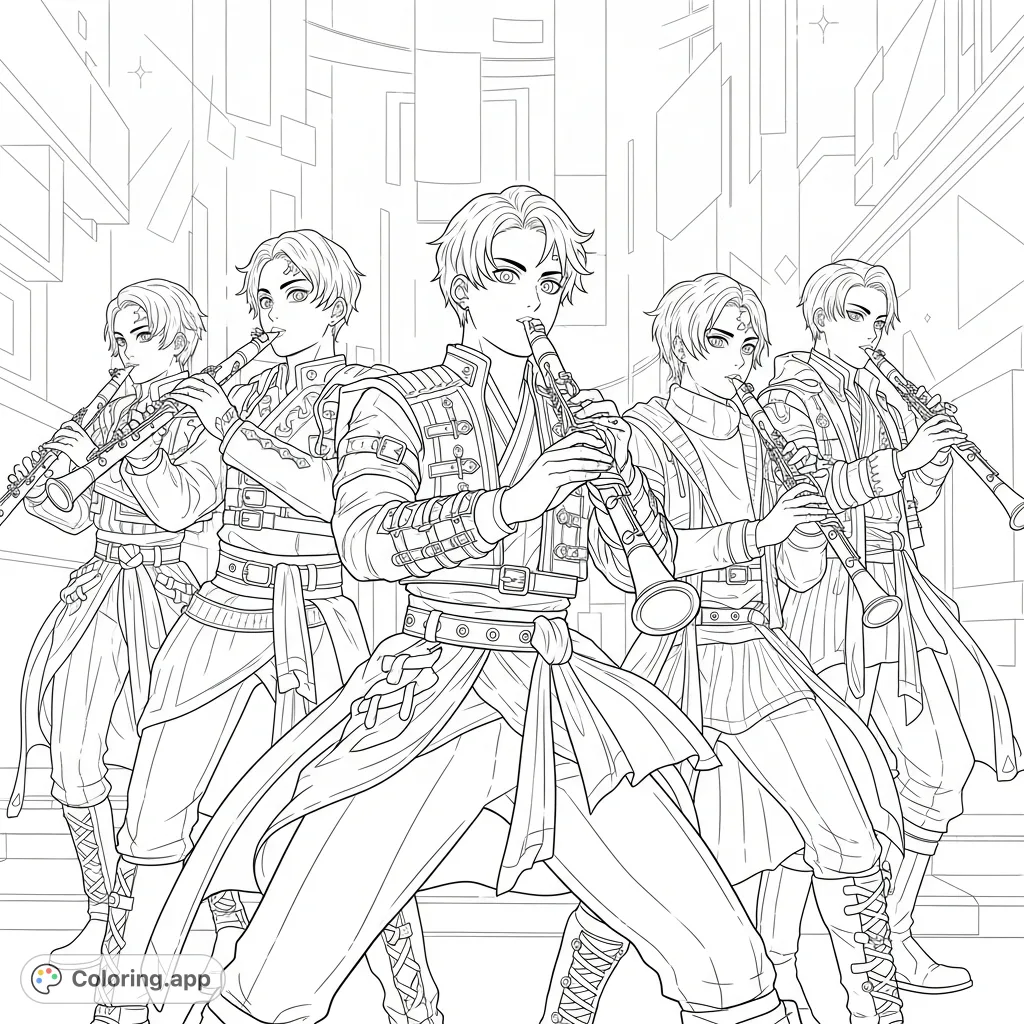 Dynamic Kpop Demon hunters showcase musical prowess with clarinets in a captivating scene. A thrilling blend of action and artistry for fans.