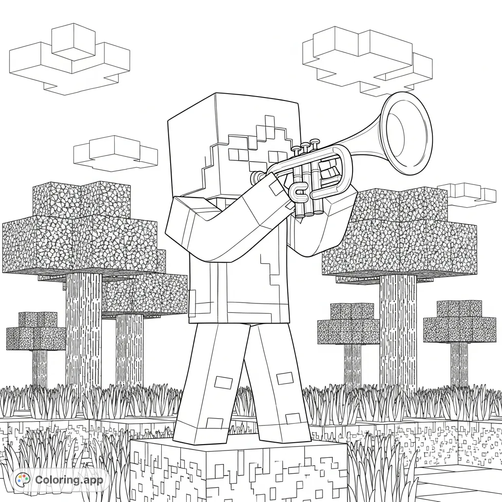 A fun Minecraft coloring page featuring a blocky character playing a trumpet amidst a pixelated landscape. Perfect for fans of the game and music.