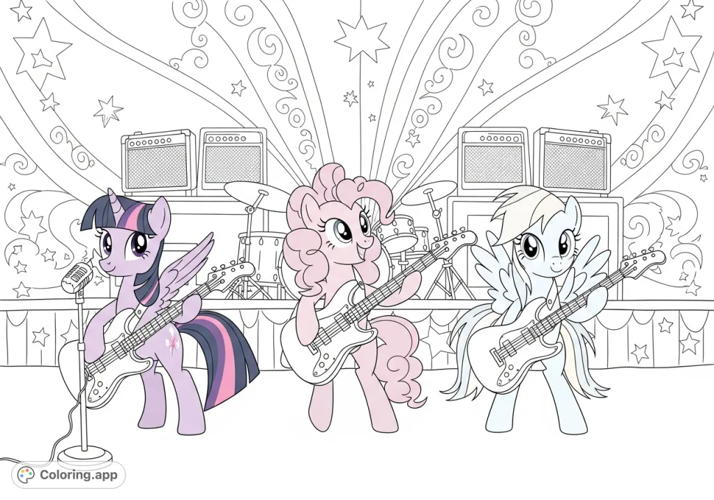 A dynamic My Little Pony coloring page featuring Twilight Sparkle, Pinkie Pie, and Rainbow Dash as a rock band, playing electric guitars on a stage with amplifiers.