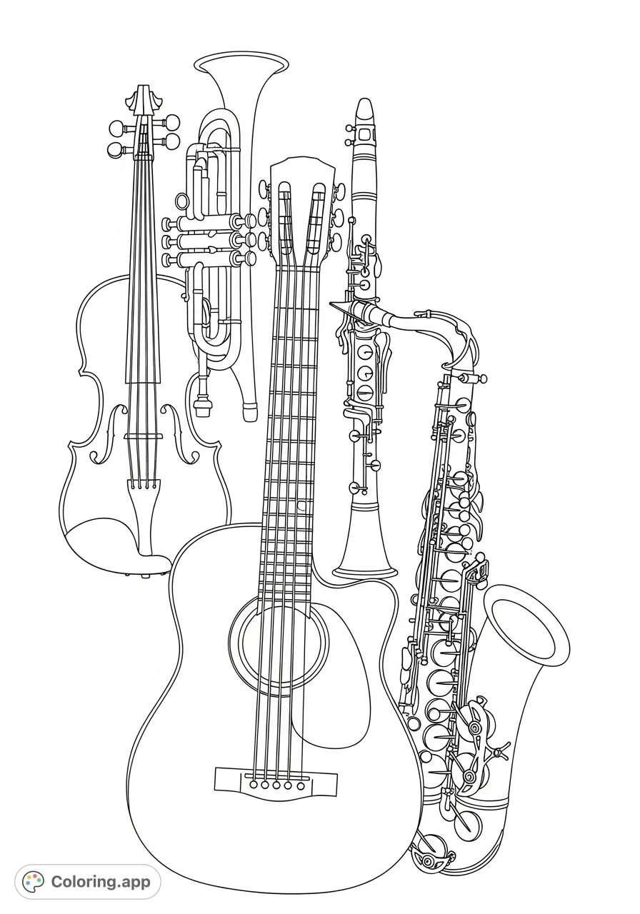 Discover a harmonious collection of musical instruments featuring a violin, trumpet, clarinet, guitar, and saxophone. Perfect for music lovers and aspiring artists.