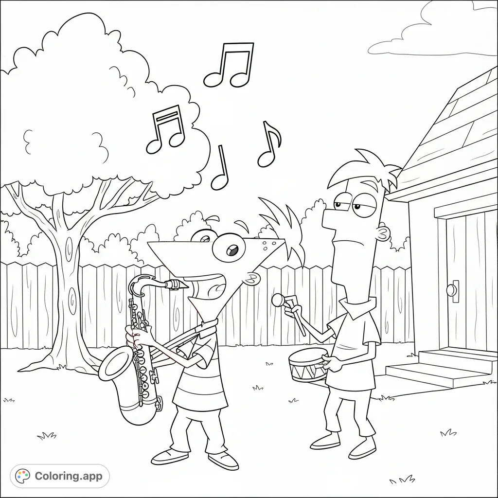 Join Phineas and Ferb for a musical adventure! This fun coloring page features the brothers playing instruments in their backyard, with notes dancing around them.