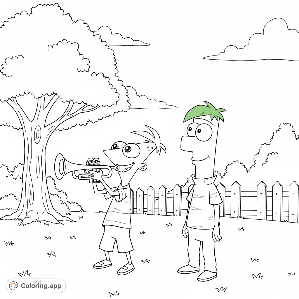 Join Phineas and Ferb for a musical adventure! This fun coloring page features Phineas playing the trumpet while Ferb watches, set against a cheerful outdoor scene.