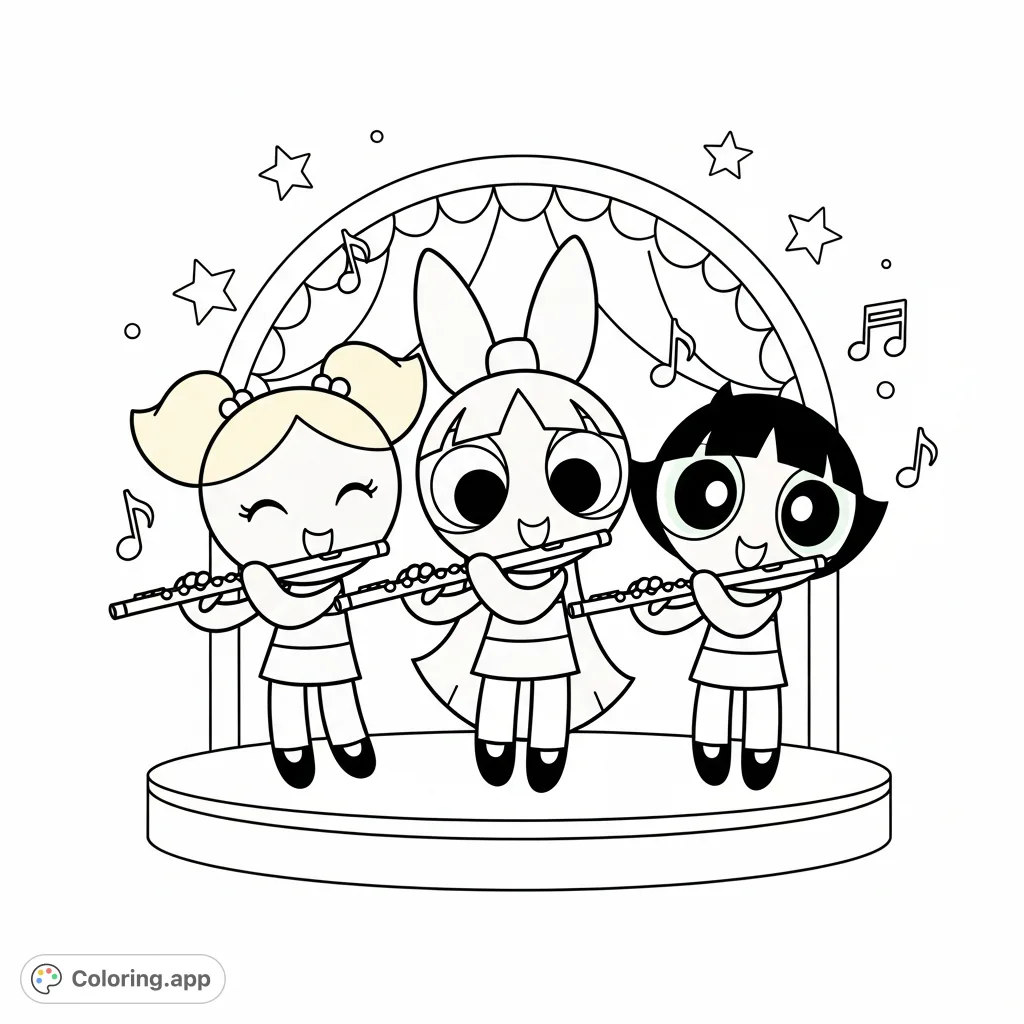 Join Blossom, Bubbles, and Buttercup as they play their flutes! A delightful Powderpuff Girls coloring page featuring the trio in a charming musical scene.