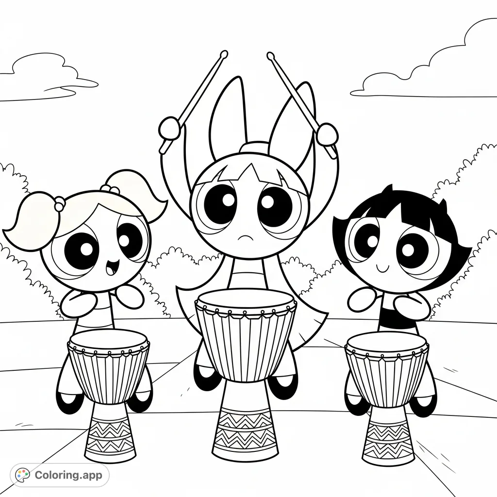 Join Blossom, Bubbles, and Buttercup, the Powerpuff Girls, as they create music with djembe drums in this fun coloring page, perfect for all fans!