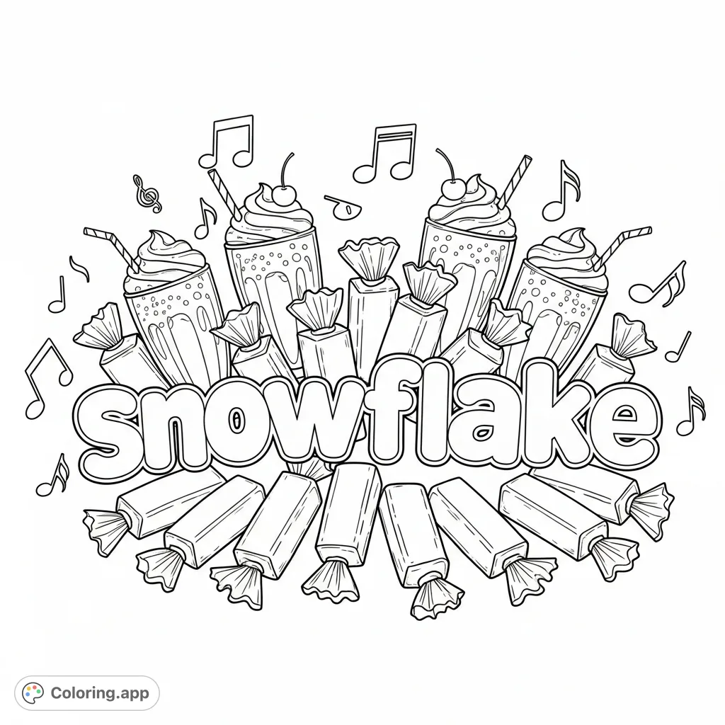 Indulge in a whimsical scene featuring "snowflake" in bubble letters, surrounded by delicious candy bars, creamy milkshakes, and playful musical notes.