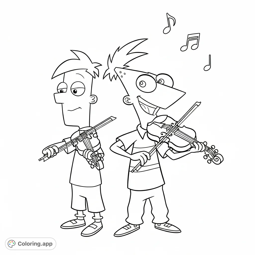 Join Phineas and Ferb for a musical adventure! This fun coloring page features the iconic duo playing violins, ready for your creative touch.