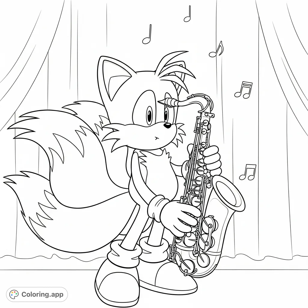 Join Tails from Sonic as he performs a captivating saxophone solo! This free printable coloring page is perfect for music lovers and Sonic fans.