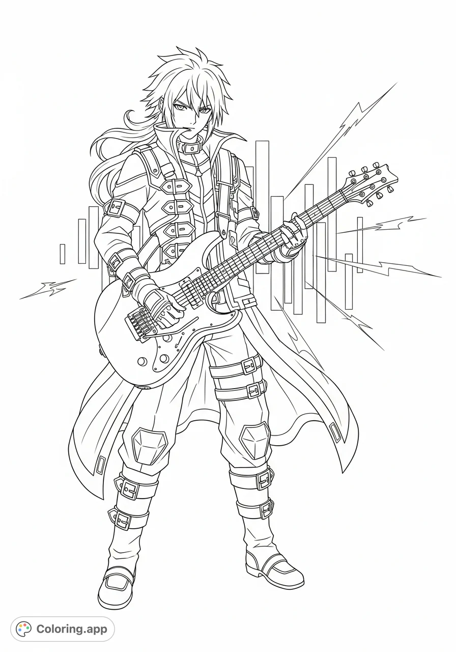 An action-packed Huntrix anime character shreds an electric guitar, surrounded by dynamic sound wave patterns. A thrilling anime music scene awaits your creative touch.