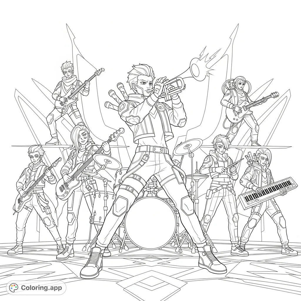 Join Huntrix and the Kpop Demon hunters as they rock out with their instruments, ready to face any challenge. A dynamic music-themed action scene.