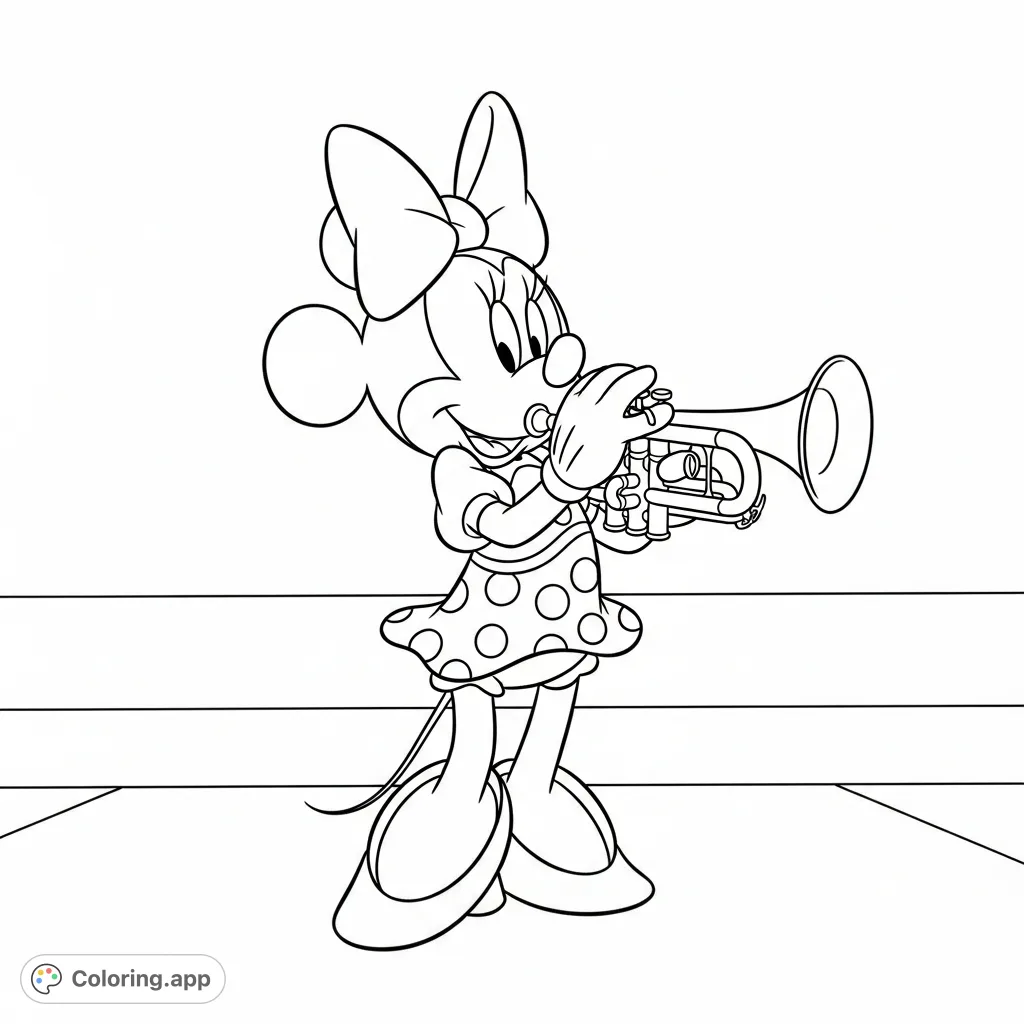 A delightful Minnie Mouse coloring page featuring Minnie skillfully playing the trumpet, perfect for young fans and music lovers to color.