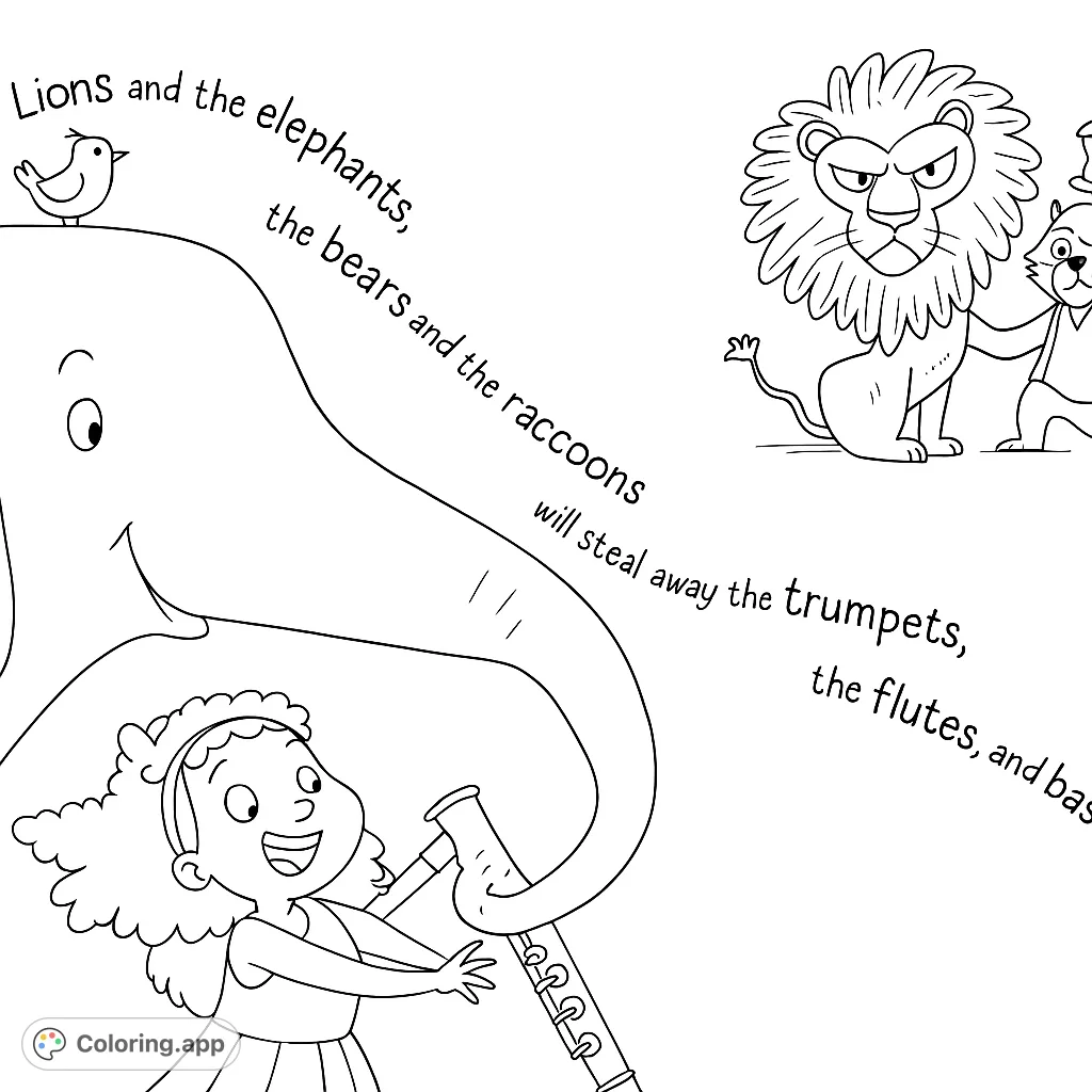 An elephant playfully snatches a bassoon from a surprised musician, while a mischievous lion interacts with a suited figure holding a trumpet. A whimsical musical scene!