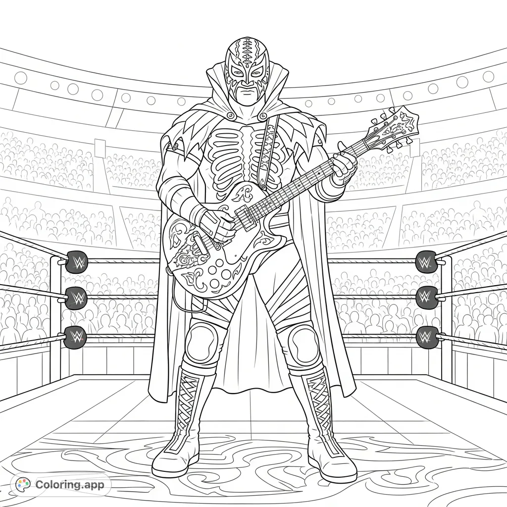 Penta from WWE, in his iconic mask and attire, passionately plays a detailed guitar on a wrestling stage, perfect for fans to bring to life.
