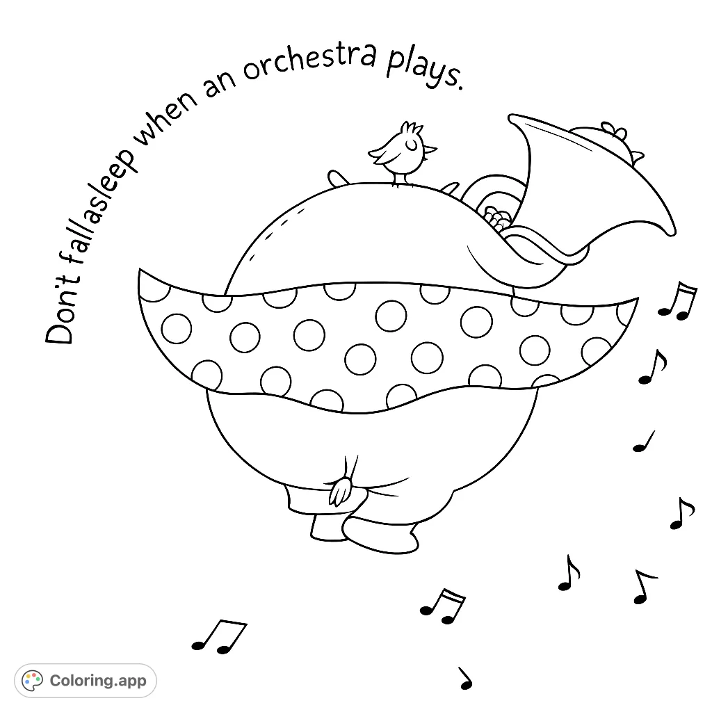 A whimsical animal orchestra coloring page featuring a large creature playing music with friends and musical notes floating around. Perfect for creative fun!