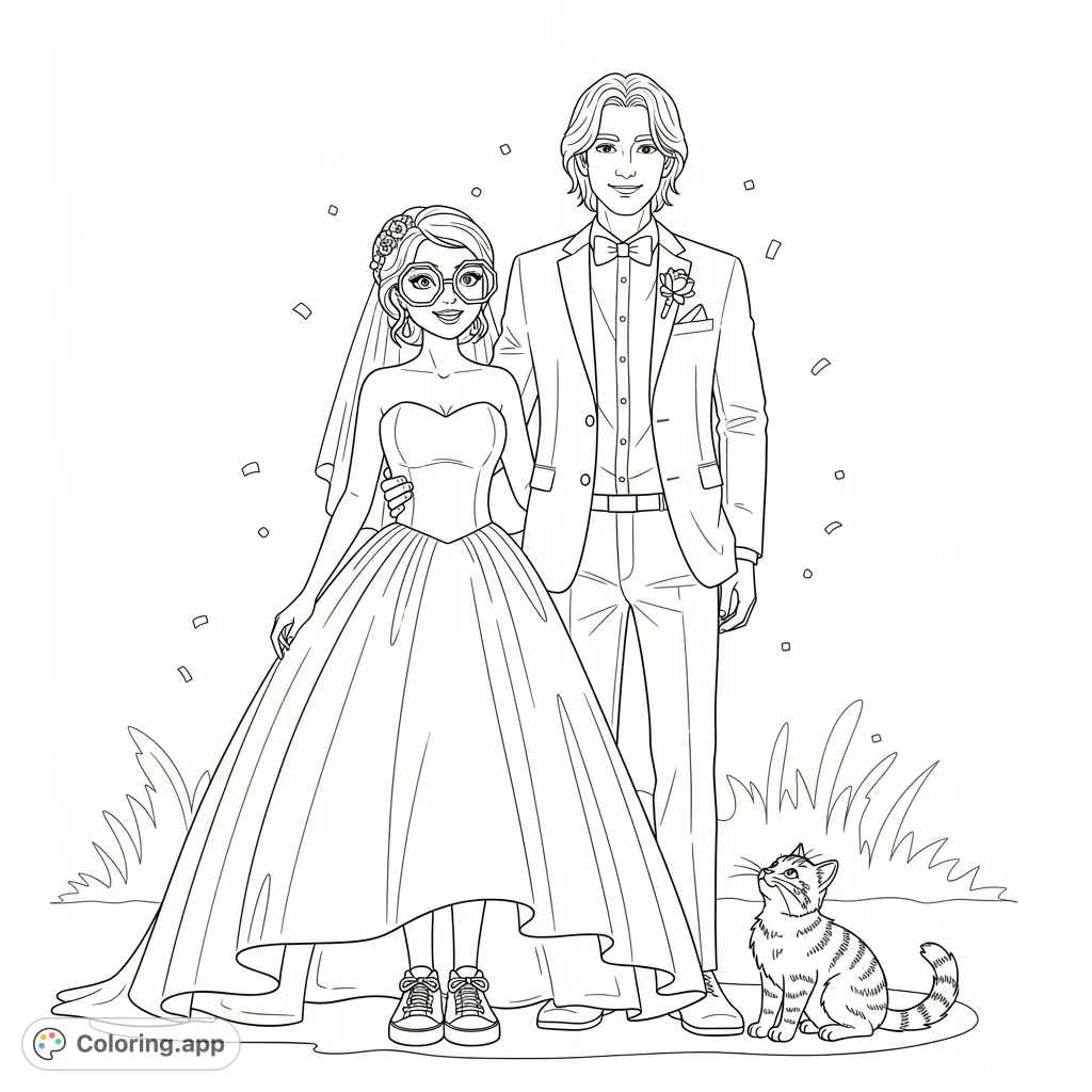 Celebrate love with this charming wedding coloring page featuring a unique bride in sneakers and octagonal glasses, her groom, and an adorable tabby cat.