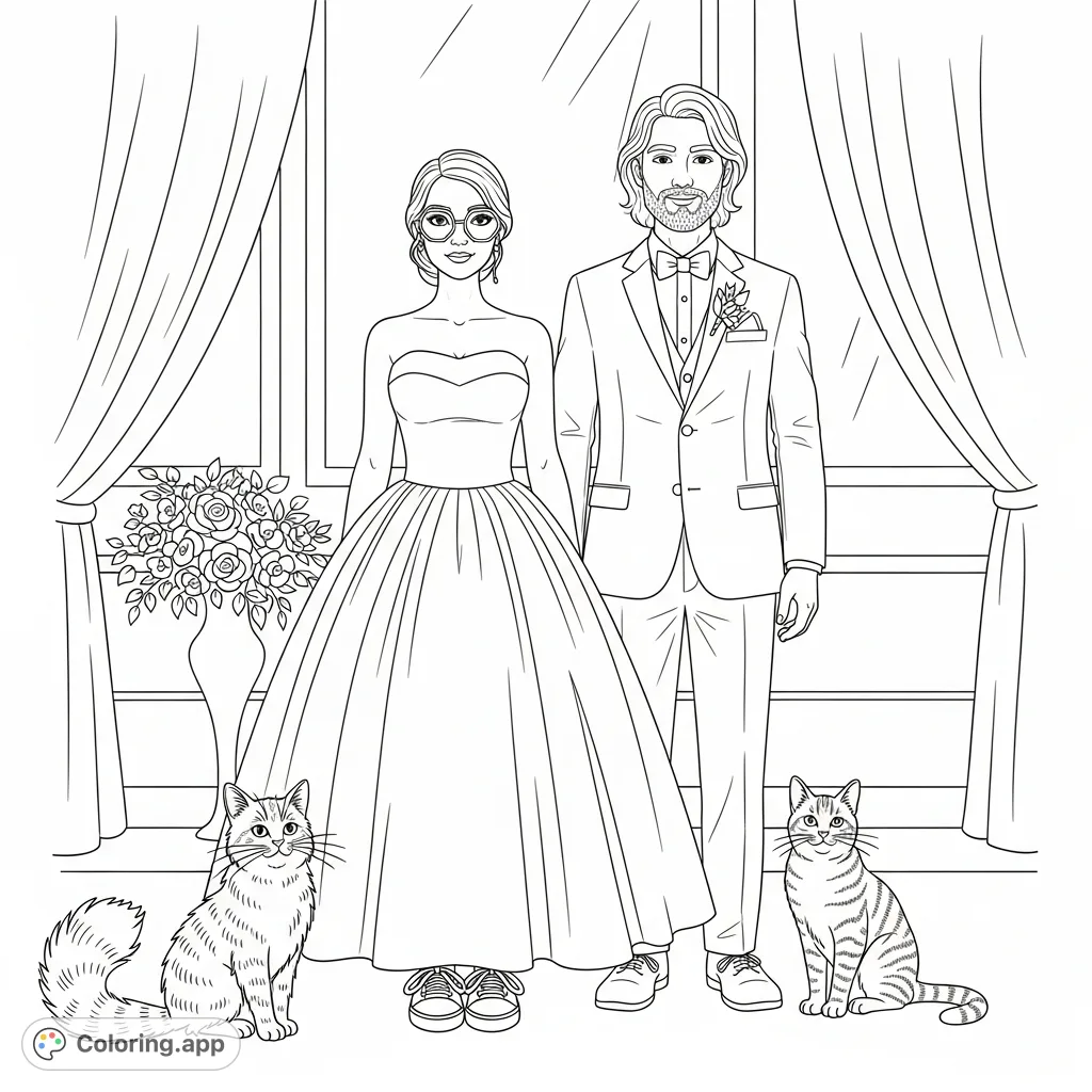Celebrate love with this charming wedding coloring page featuring a bride in sneakers and glasses, a bearded groom, and their two beloved feline companions.