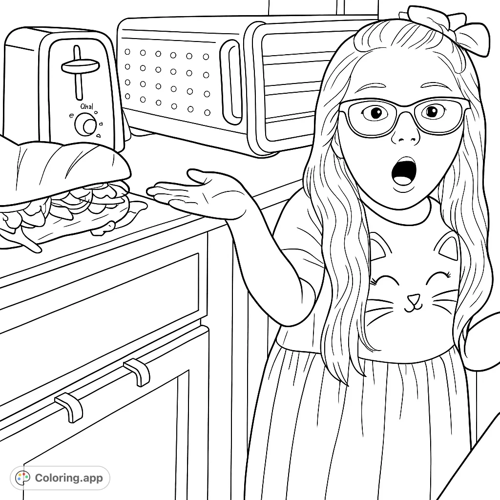 Discover a delightful scene featuring a surprised child beside a massive, richly filled sandwich in a kitchen setting. A fun food-themed coloring page.