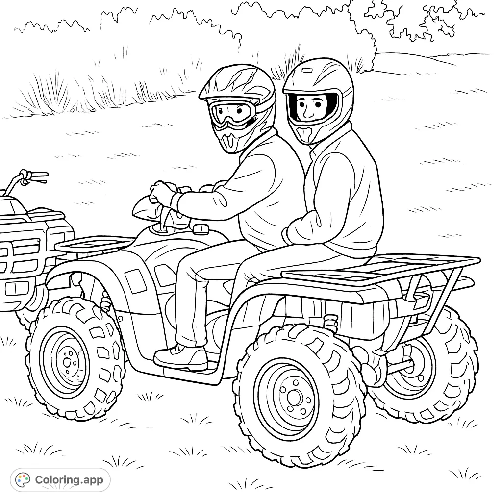 Embark on an off-road adventure! This ATV coloring page features two riders in helmets, ready to explore a grassy landscape. Perfect for vehicle enthusiasts.