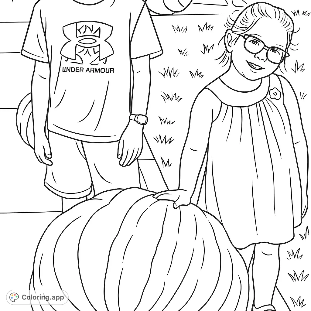 Two smiling children enjoy a day surrounded by large, textured pumpkins. A delightful autumn scene perfect for coloring and celebrating the harvest season.