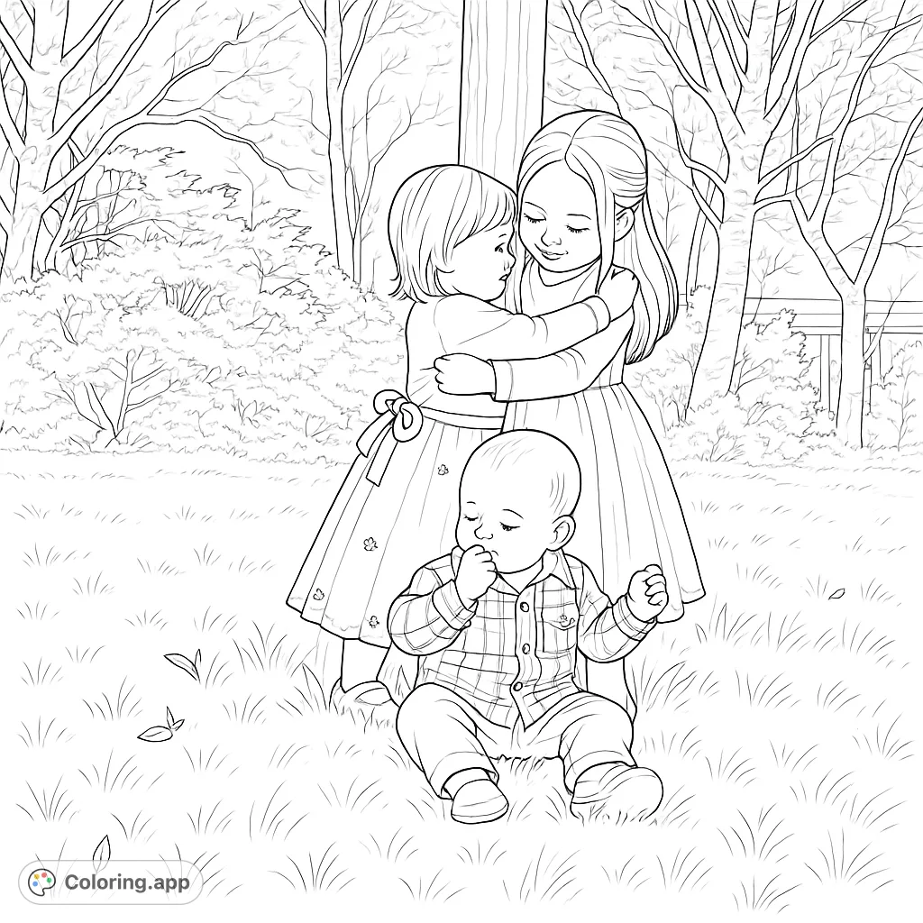 Capture a heartwarming outdoor scene with two embracing girls and a curious baby boy on lush grass, surrounded by trees. Perfect for family-themed coloring fun!