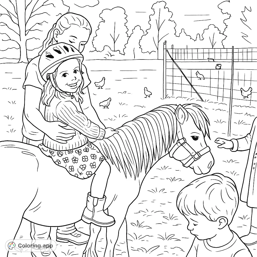 A delightful farm scene with a child riding a gentle pony, supported by an adult. Other children and farm animals dot the grassy field, offering a charming country adventure.