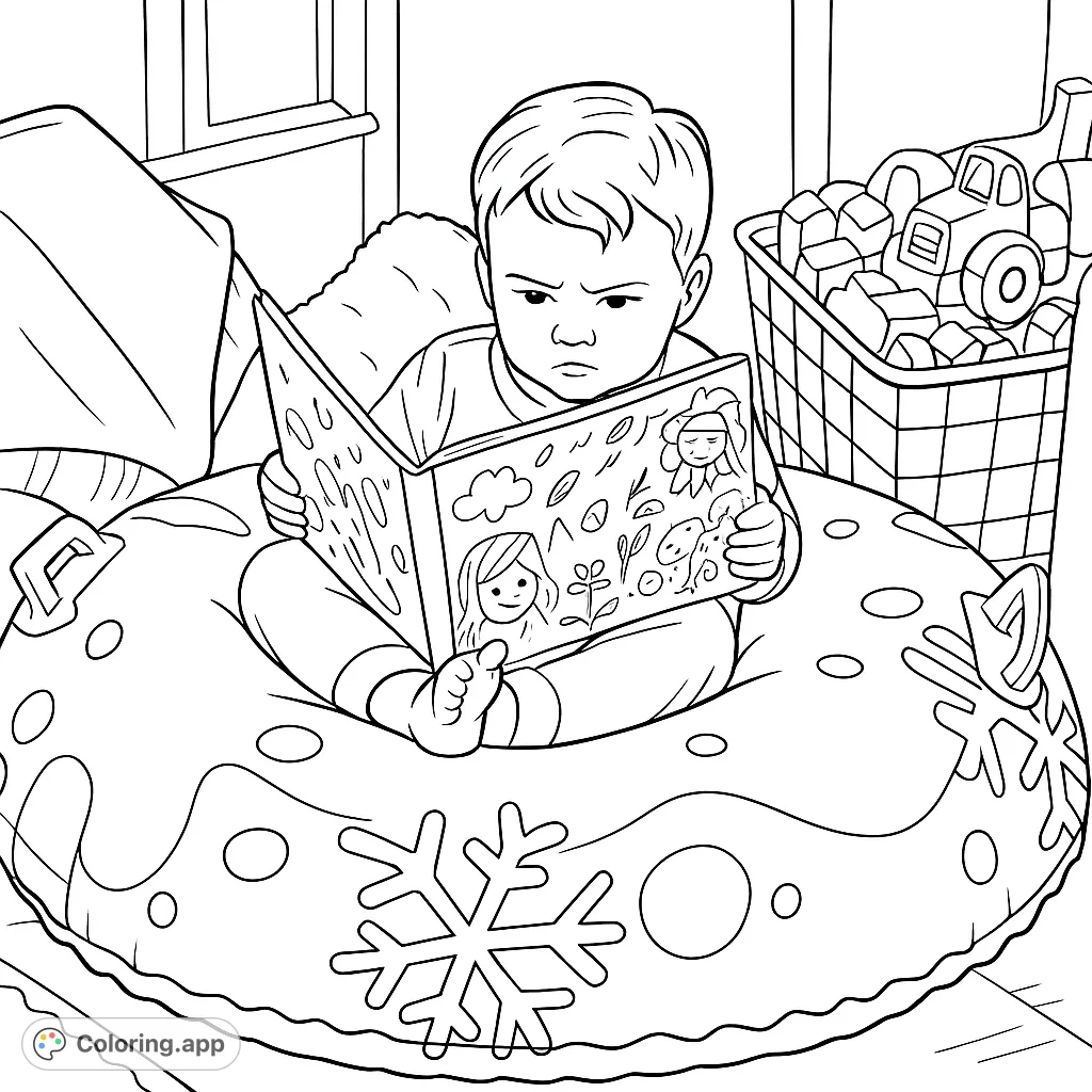 Young child absorbed in a book while nestled in a snowflake-patterned snow tube. Features a toy-filled basket nearby.