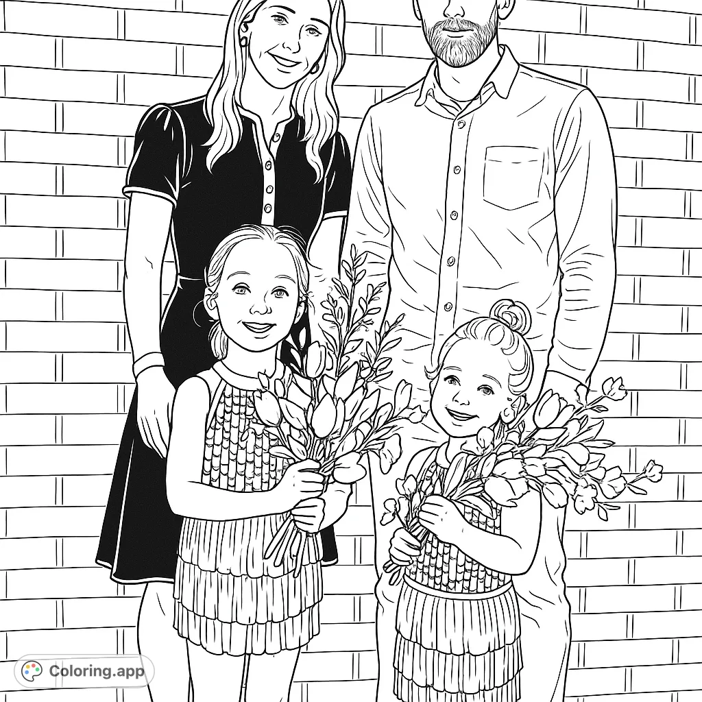 Capture a joyful family moment with this detailed coloring page featuring two parents and their two young girls in festive outfits, holding flower bouquets.