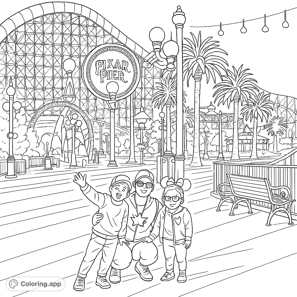A joyous family moment at an amusement park, featuring a roller coaster, Ferris wheel, and playful characters, perfect for a fun coloring adventure.