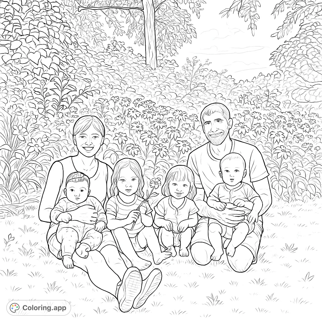 A heartwarming family portrait with two parents and four children enjoying a moment in a vibrant garden, surrounded by beautiful flowers and lush foliage.