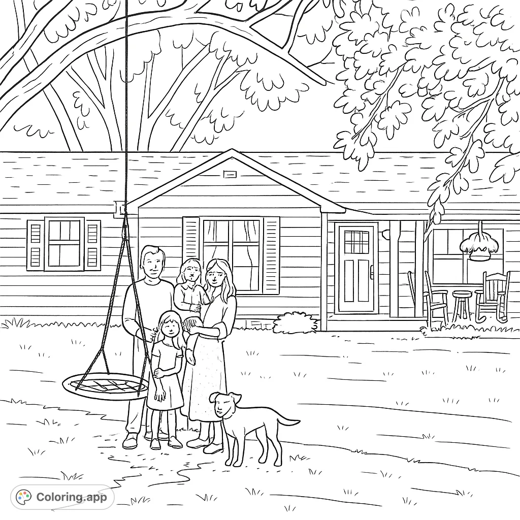A heartwarming family portrait in front of their house, complete with children and a pet. Perfect for creating a personalized memory.