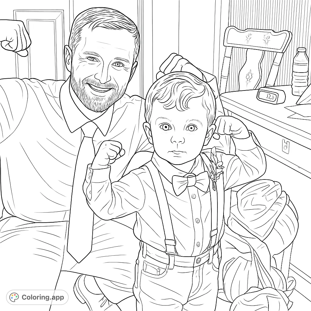 Capture a heartwarming father and son moment as they flex their muscles together. This family coloring page features an adult and child in formal attire, celebrating strength and togetherness.