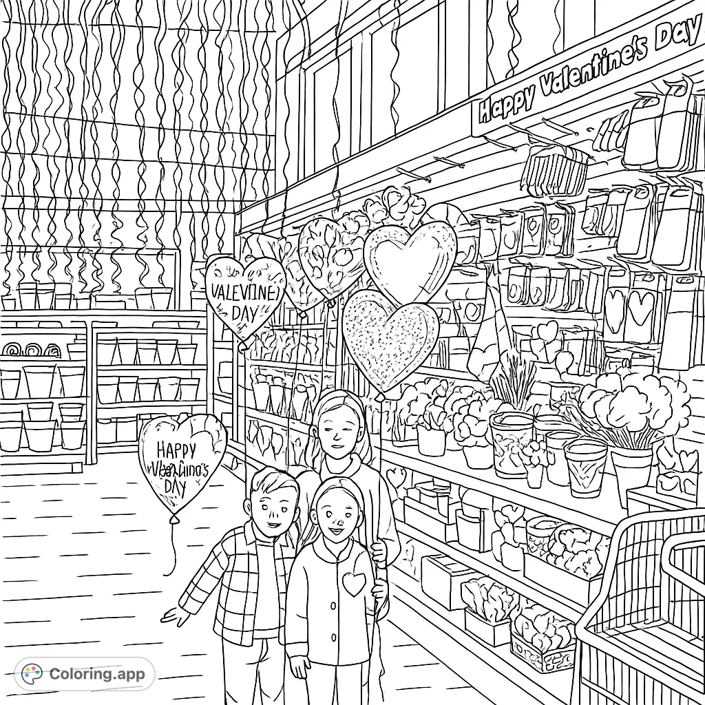Three happy children explore a festive store aisle filled with heart-shaped balloons and decorations, celebrating a special occasion. Perfect for family fun.