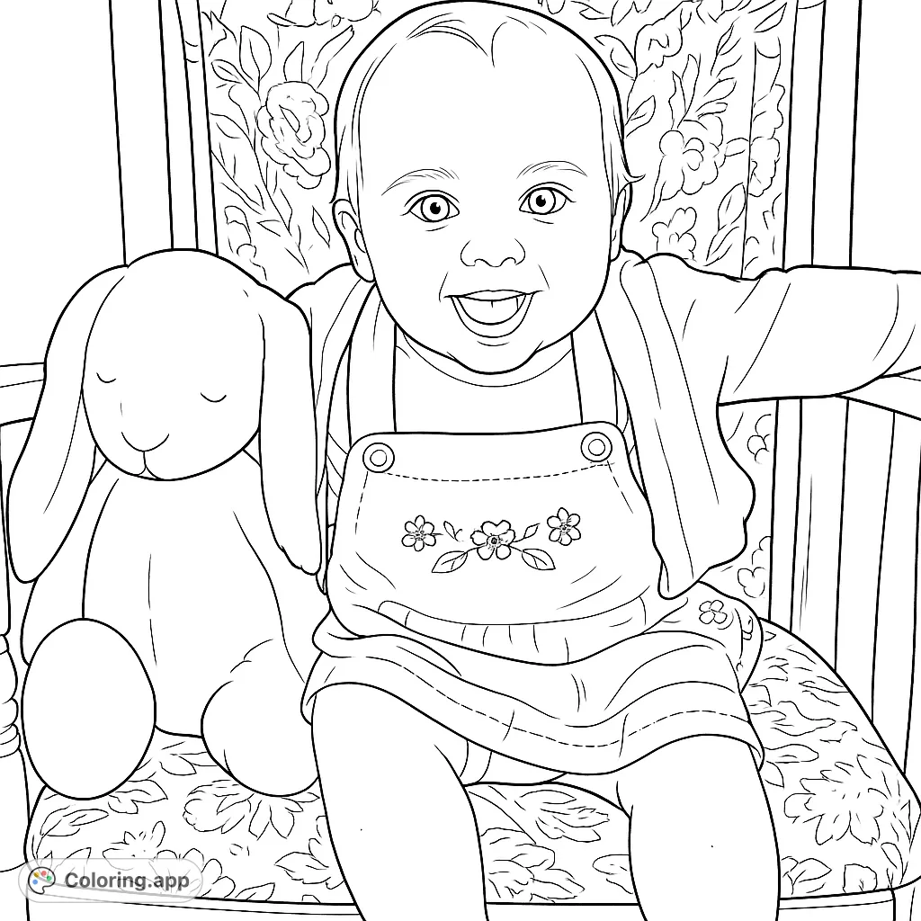 A delightful baby sits with a plush bunny in a patterned rocking chair, smiling brightly. Perfect for capturing childhood joy!