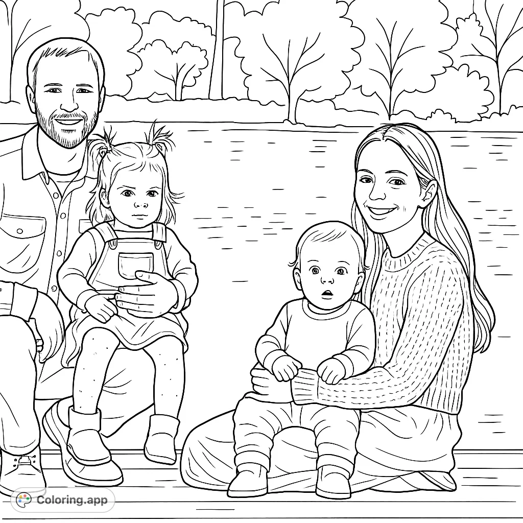 A heartwarming family portrait on a dock by the water. Two adults and three children smile, surrounded by serene natural scenery.