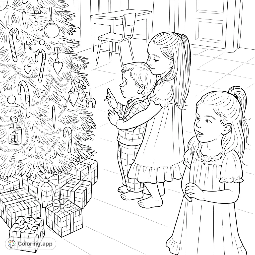 Capture the warmth of the holidays with a festive tree, surrounded by wrapped gifts, and three children admiring its decorations. A delightful scene for all ages.