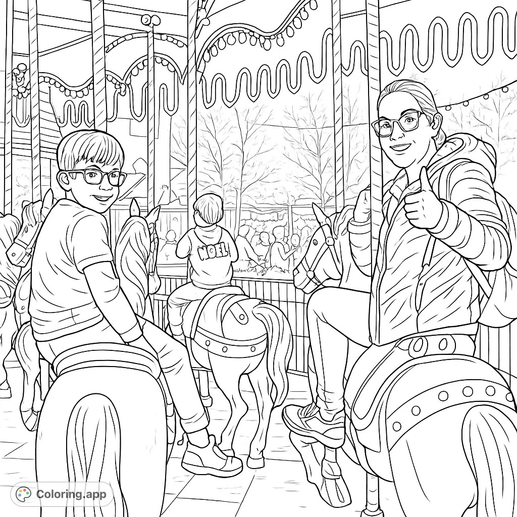 Capture the fun of a family day at the amusement park with this delightful carousel ride coloring page, featuring happy riders.