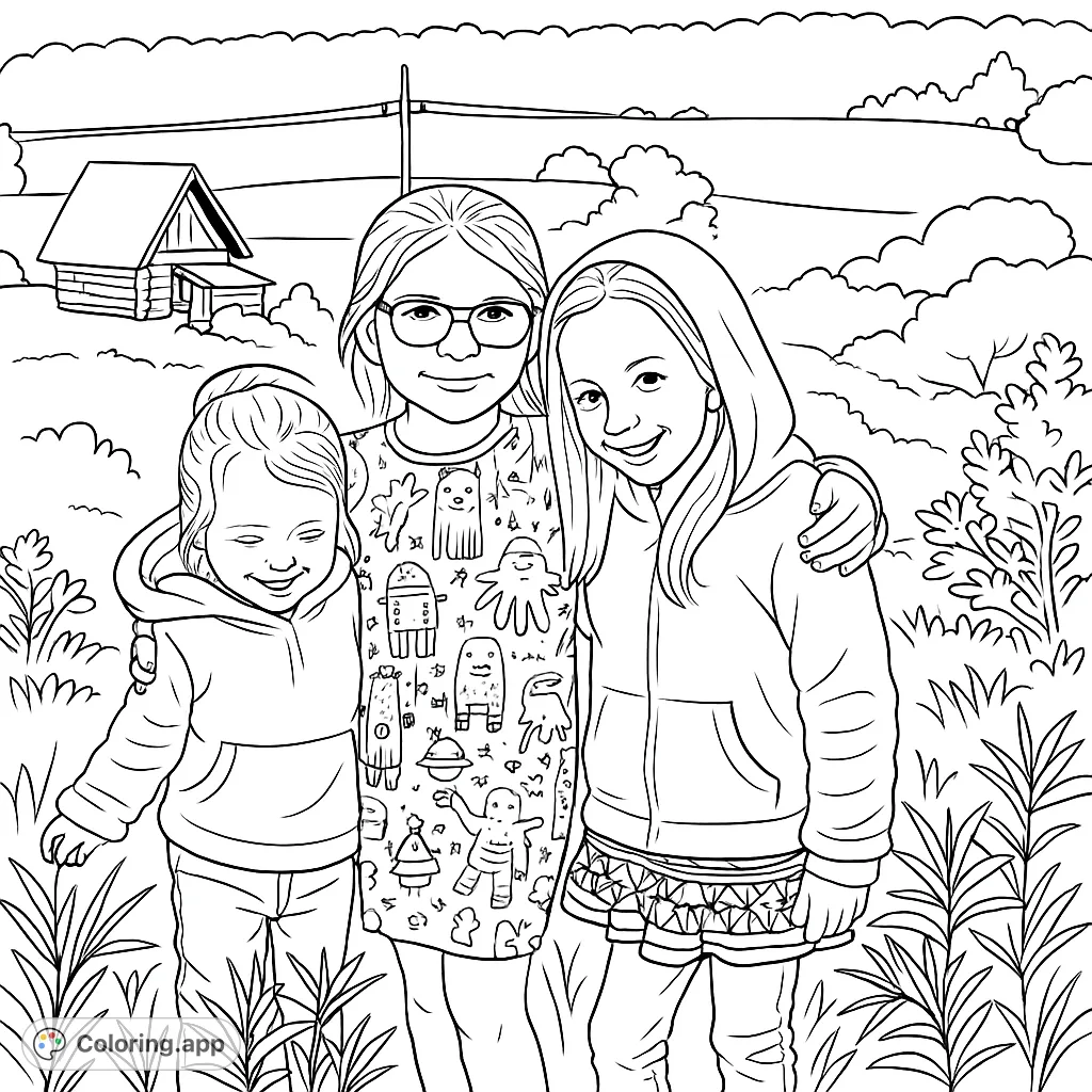 A heartwarming scene featuring three young girls smiling and embracing in a vibrant grassy field. Perfect for kids to express their creativity and celebrate friendship.