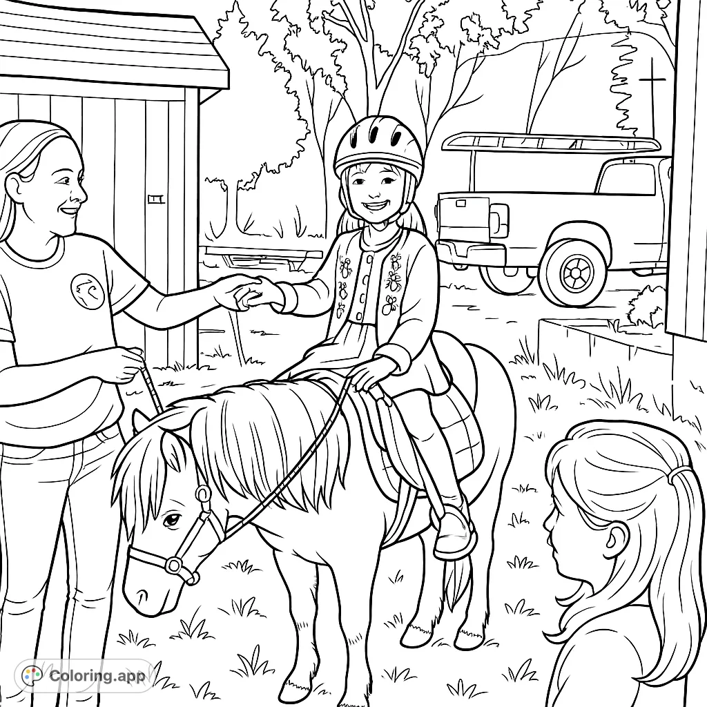 A joyful child on a pony, guided by an adult, in a charming outdoor setting. Perfect for young animal lovers and budding equestrians.