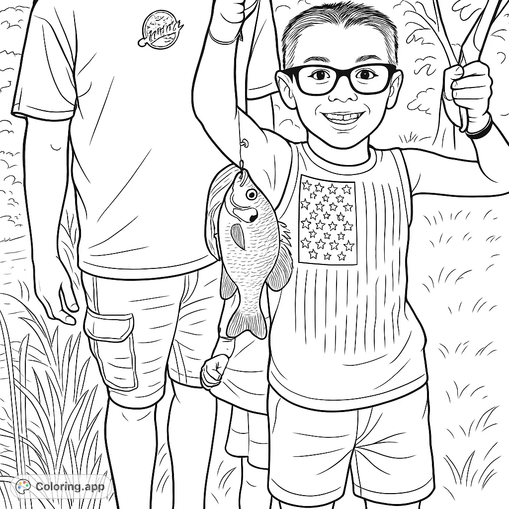 A cheerful boy proudly displays his freshly caught fish, surrounded by family and nature. Perfect for young anglers and outdoor enthusiasts!