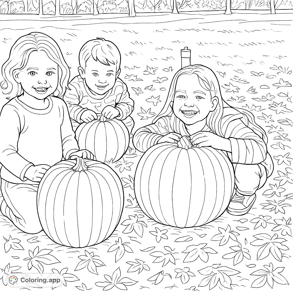 Three cheerful children enjoy a pumpkin patch adventure with three round pumpkins, set against a grassy field. A delightful harvest scene for all ages.