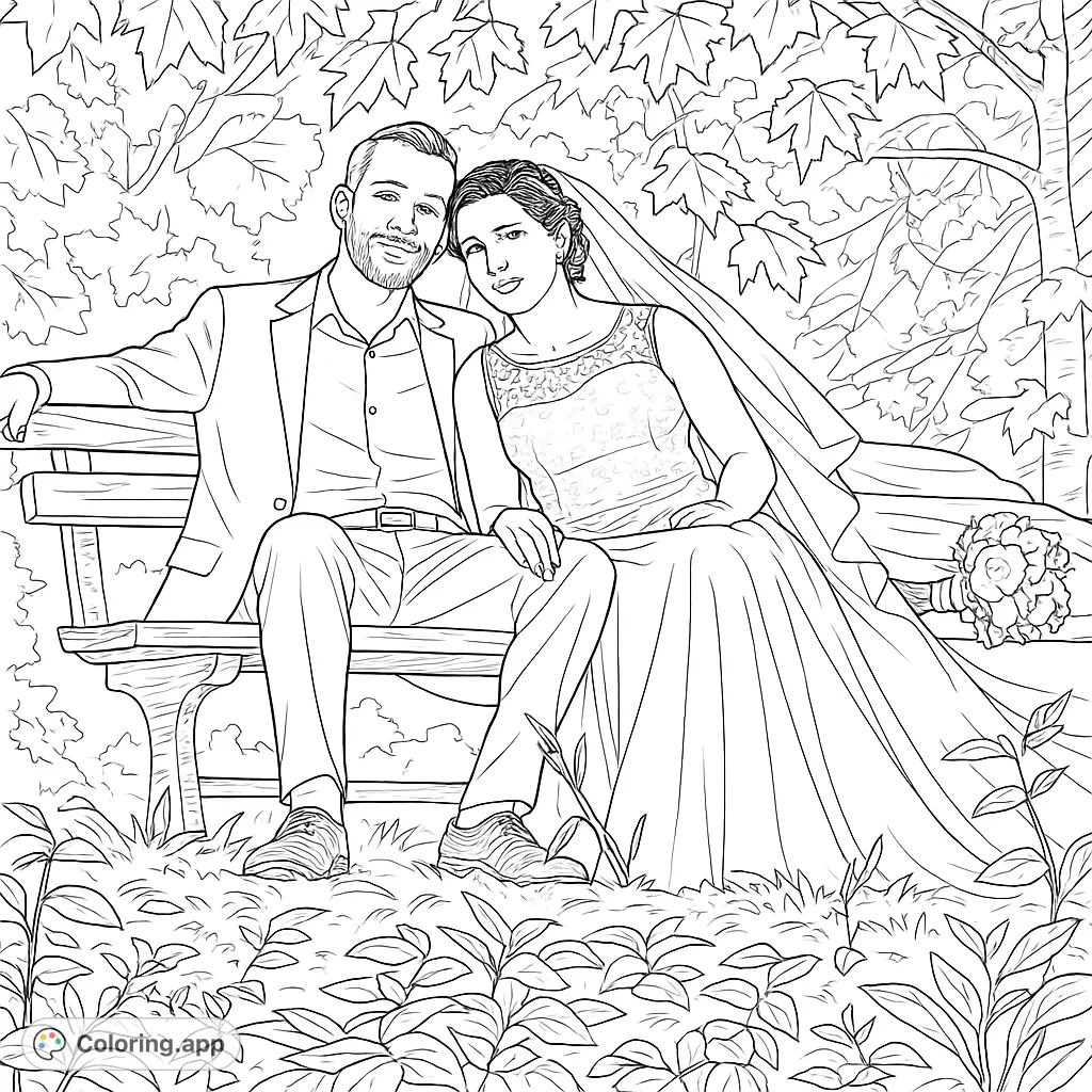 Capture a tender moment of a couple on a garden bench amidst lush foliage. Perfect for celebrating love, anniversaries, or special memories.