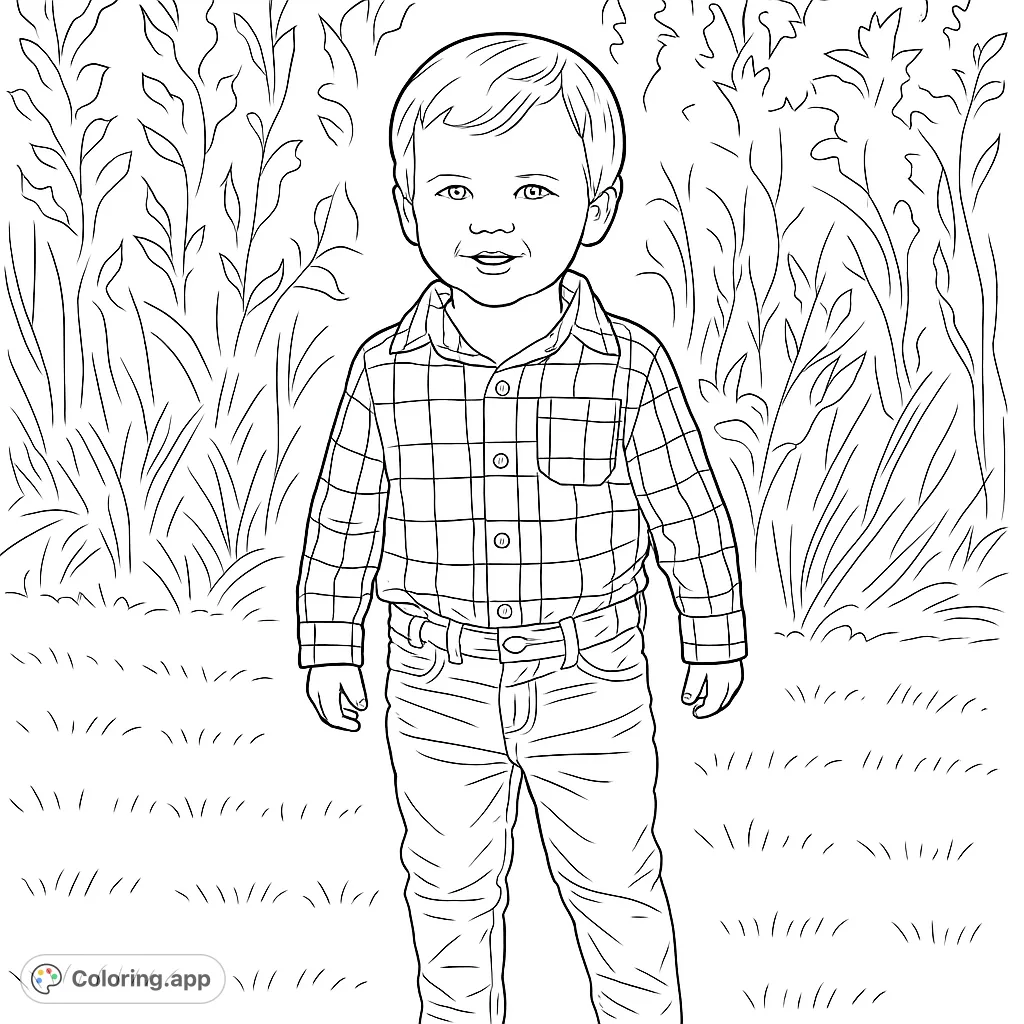 A cheerful child in a plaid shirt stands in a grassy outdoor setting, ready for a creative splash of color. Perfect for young artists to personalize.